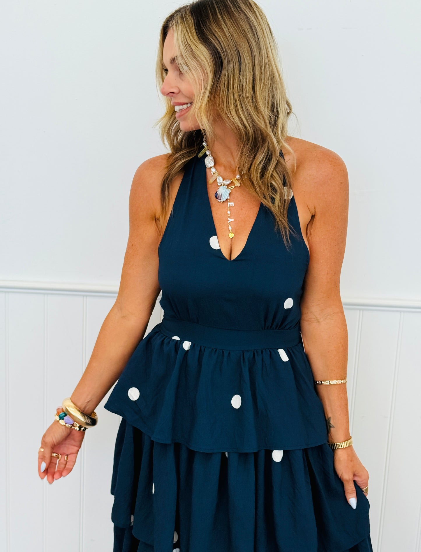 Navy Polka Dot Halter Midi Dress (Reg.)