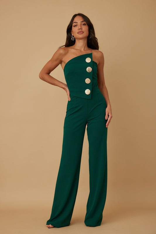 Hunter Green Strapless Big Button Jumpsuit (Reg)