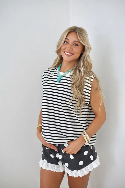 Black Polka Dot Denim Ruffle Shorts (Reg.)