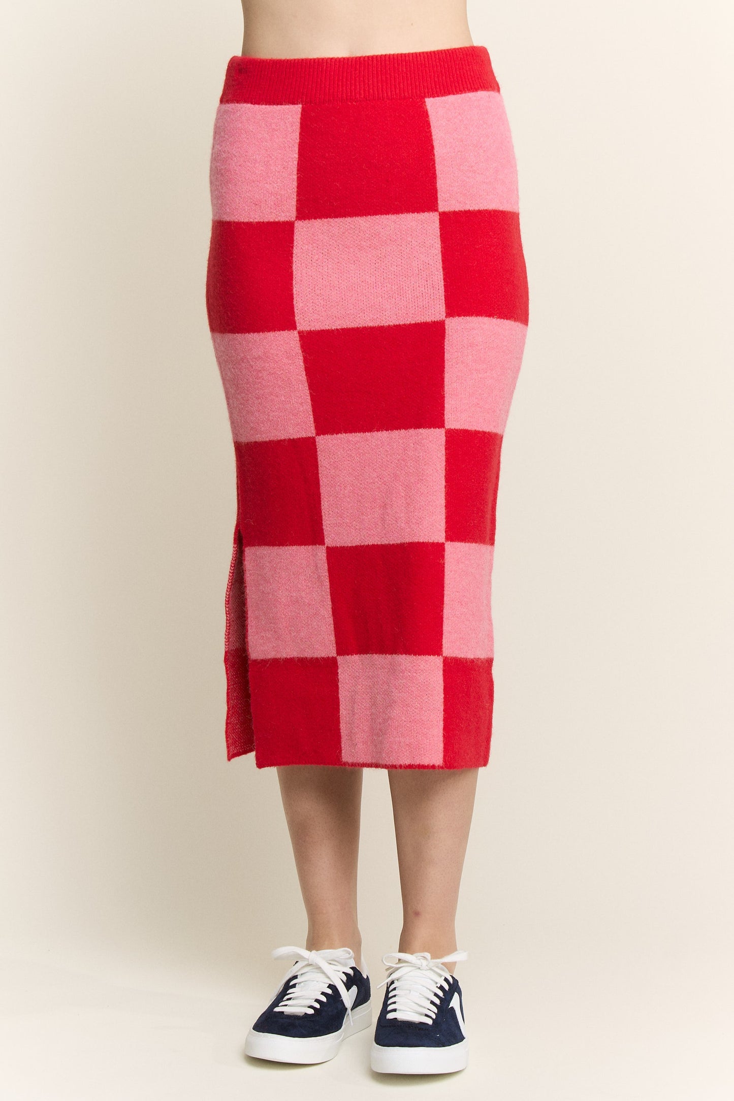Red/Pink Checkered Knit Pencil Midi Skirt (Reg. and Plus)