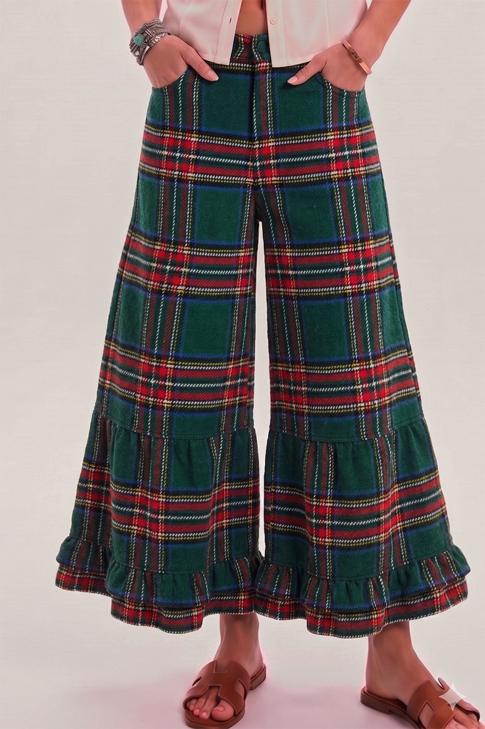 Hunter Green Plaid Ruffle Wide Leg Pants (Reg.)