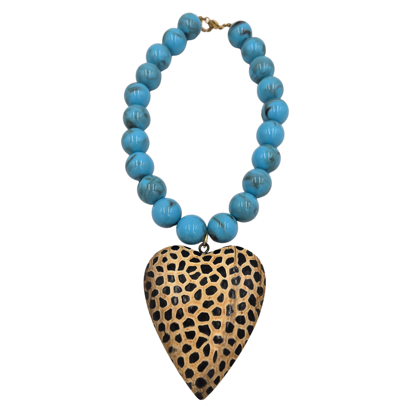 Jennifer Thames - Blue Marble Necklace with Large Giraffe Heart Pendant