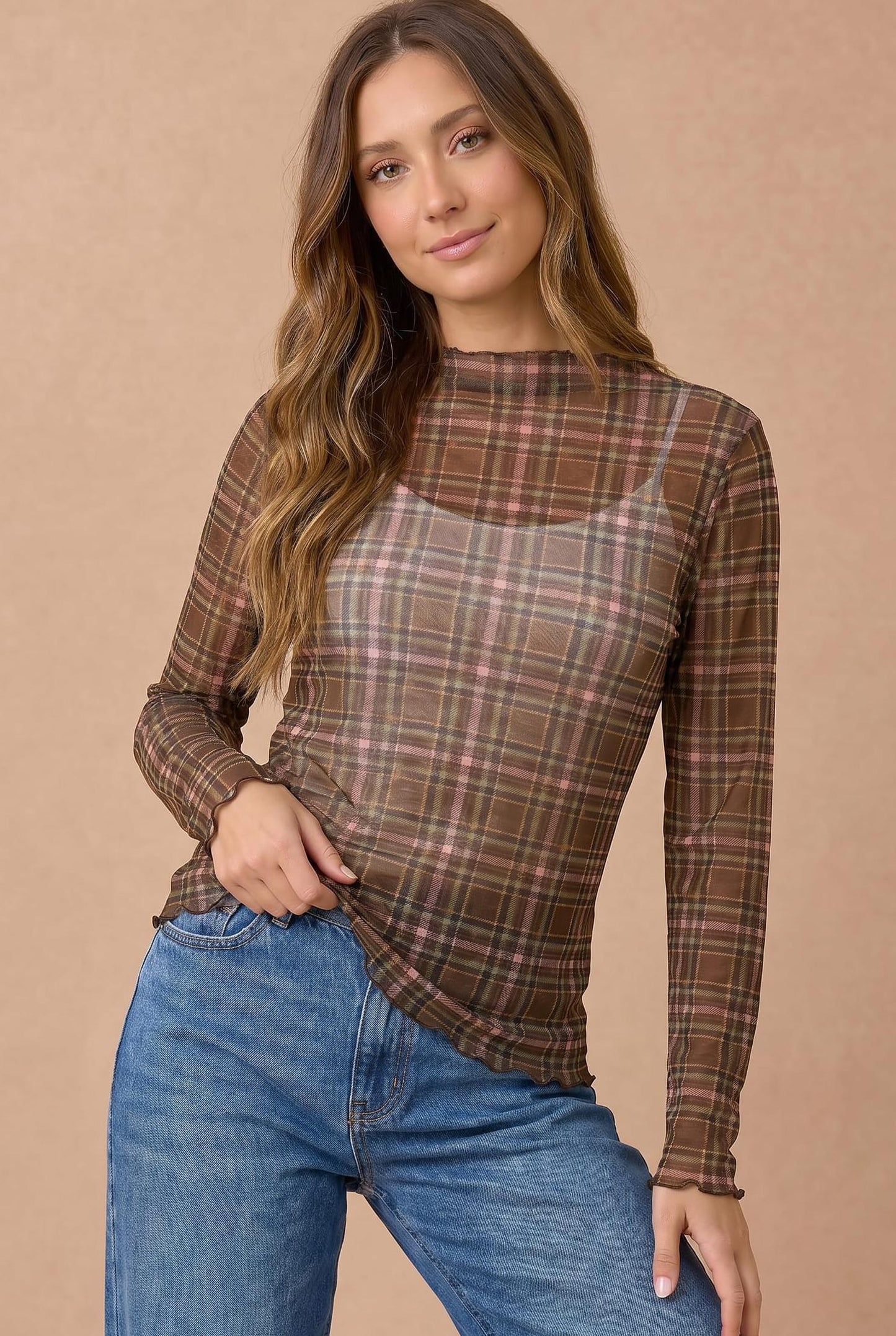 Brown Plaid Sheer LS Top (Reg. and Plus)