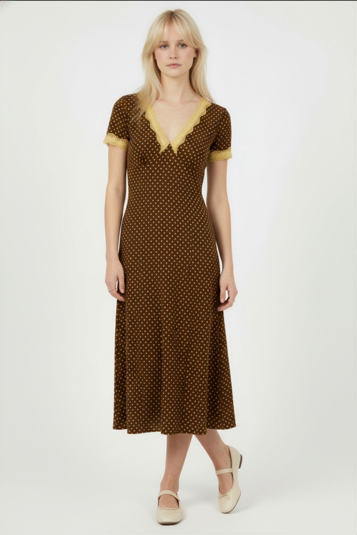 Brown Polka Dot & Lace Midi Dress (Reg. and Plus)