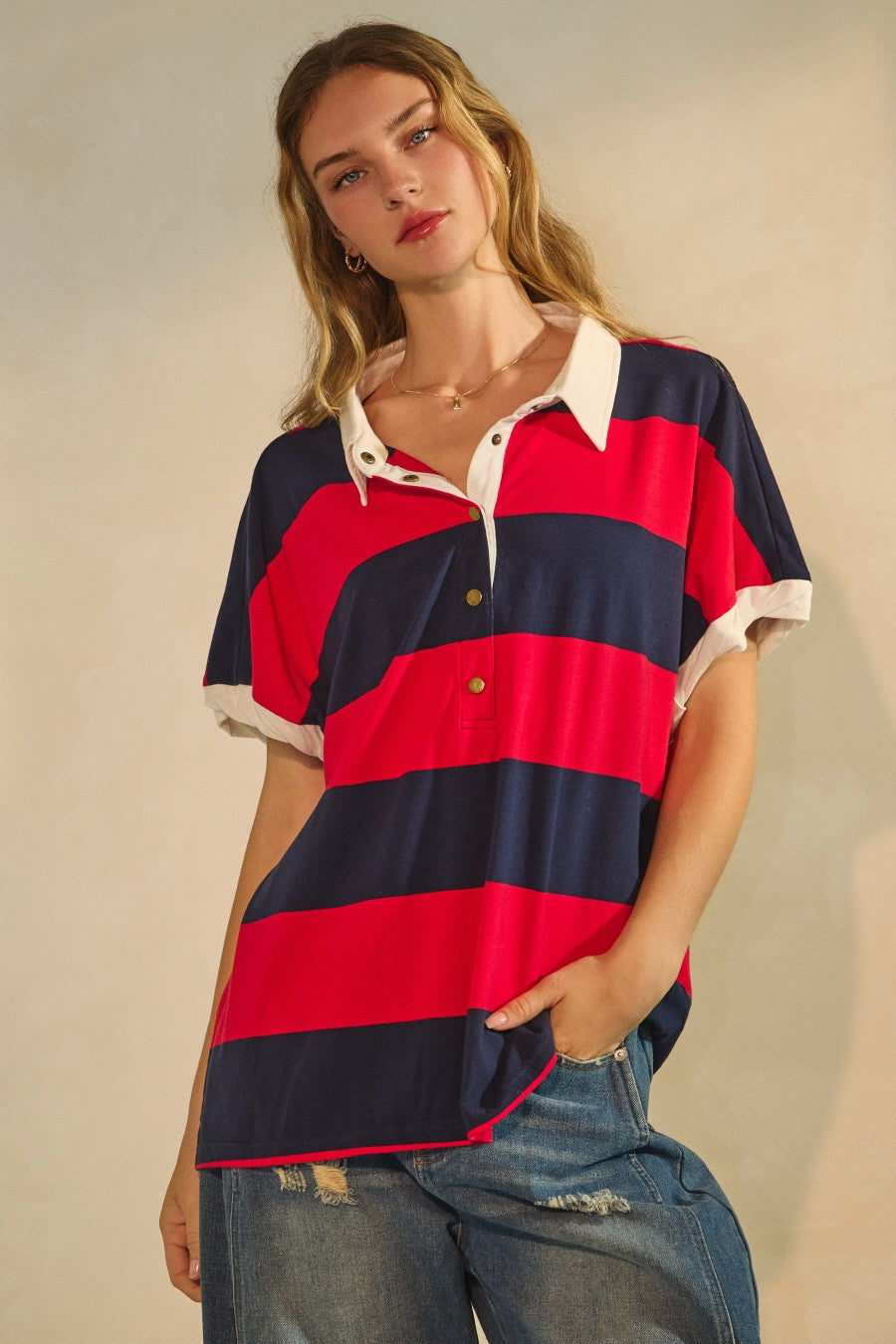 Red/Navy Striped Polo Shirt (Reg & Plus)