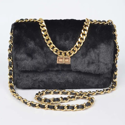 Faux Fur Gold-Chain Shoulder Bag - 5 Colors