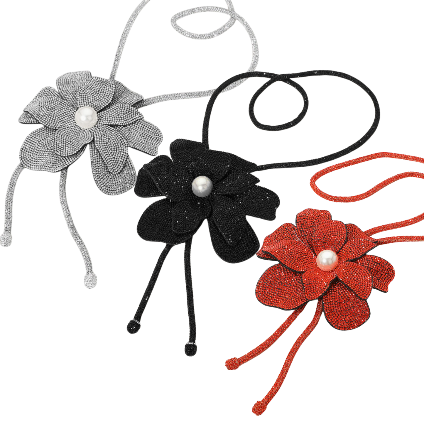 Pearl Centered Bling Studded Flower Bolo Tie Necklace (3 Colors)