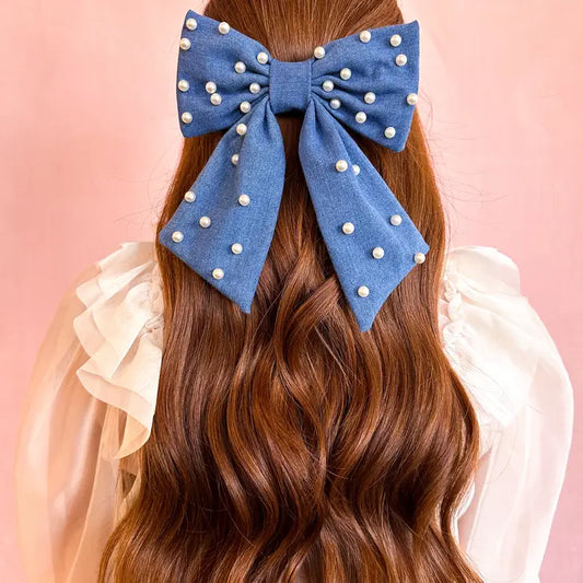 Denim Pearl Embellished Hair Bow