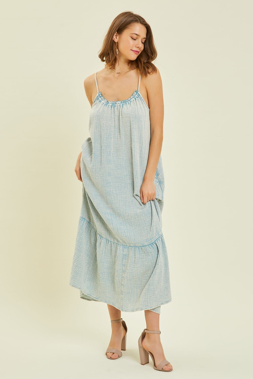 MINERAL-WASHED ROUND NECK GAUZE MIDI DRESS