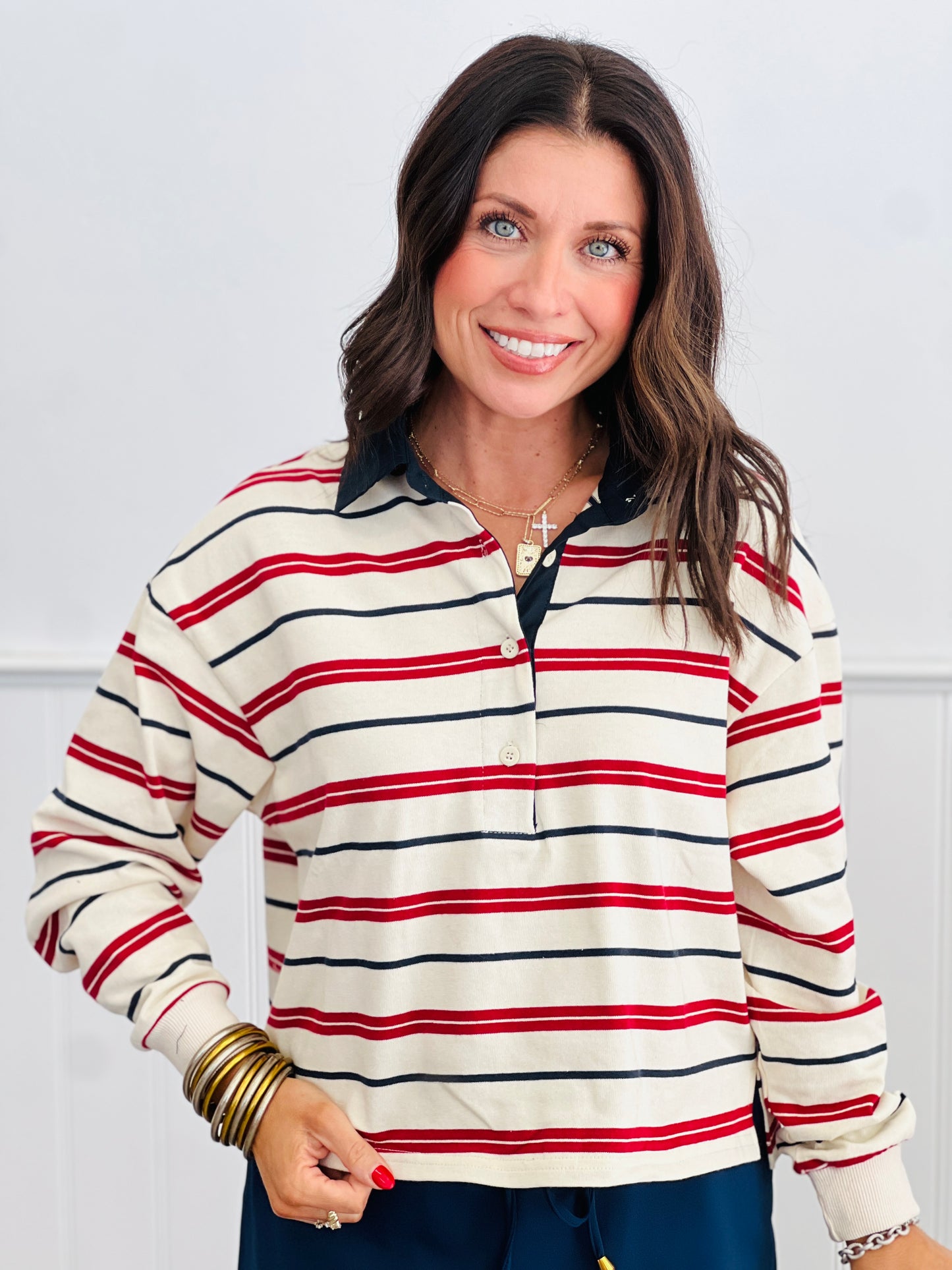 Cream Retro Rugby Stripe LS Top (Reg & Plus)