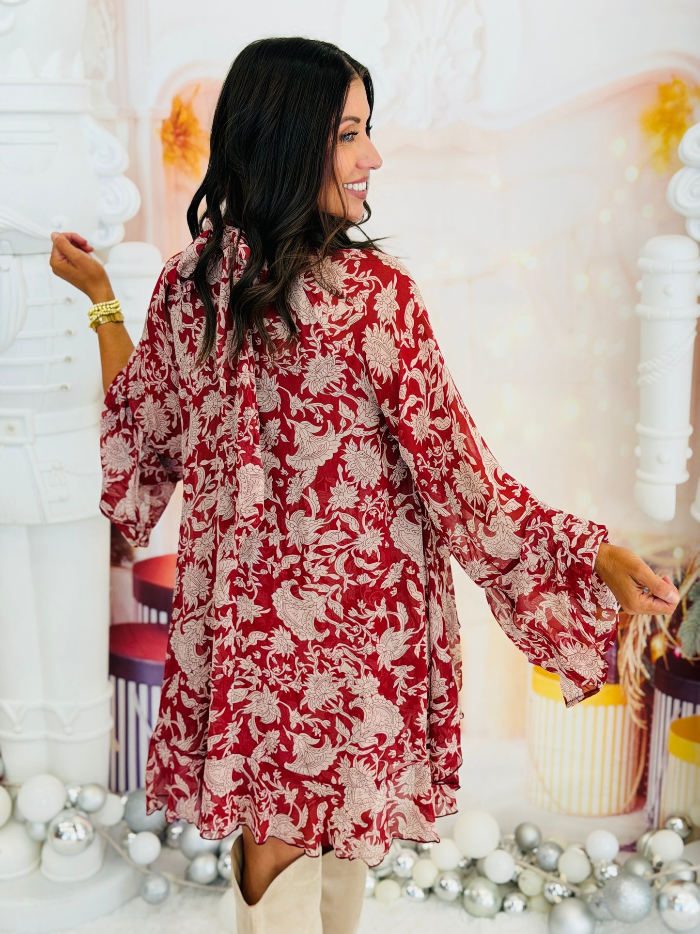 Burgundy Floral High Neck Ruffle Mini Dress (Reg.)