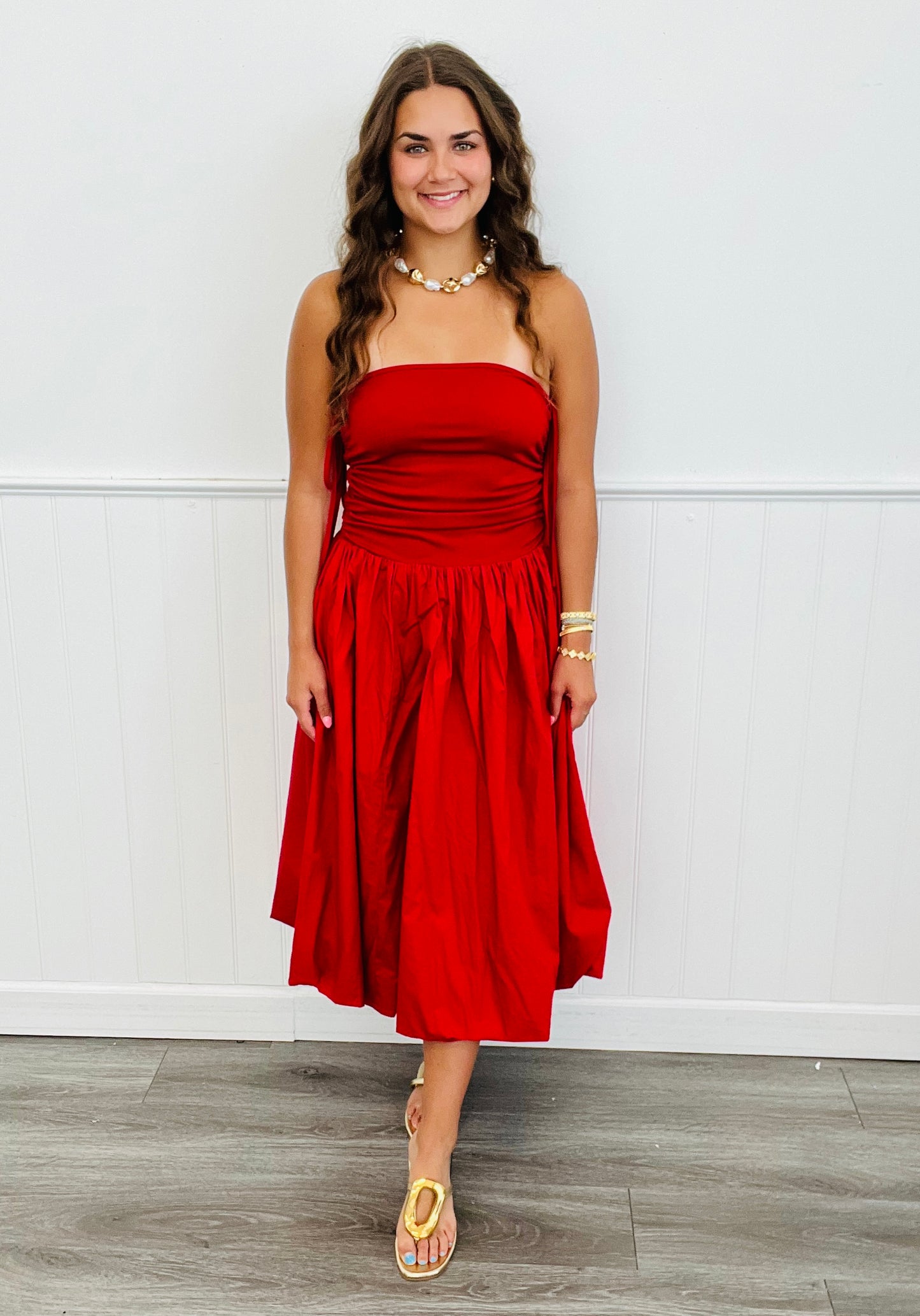Red Ruched Side Tie Strapless Midi Dress (Reg)