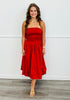 Red Ruched Side Tie Strapless Midi Dress (Reg)