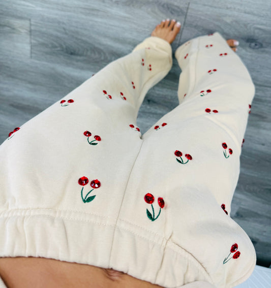 Queen Of Sparkles Tan Jeweled Cherry Sweatpants (Reg. and Plus)