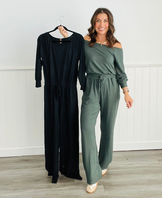 Off Shoulder Lounge Jumpsuit (Reg & Plus)-2 Colors