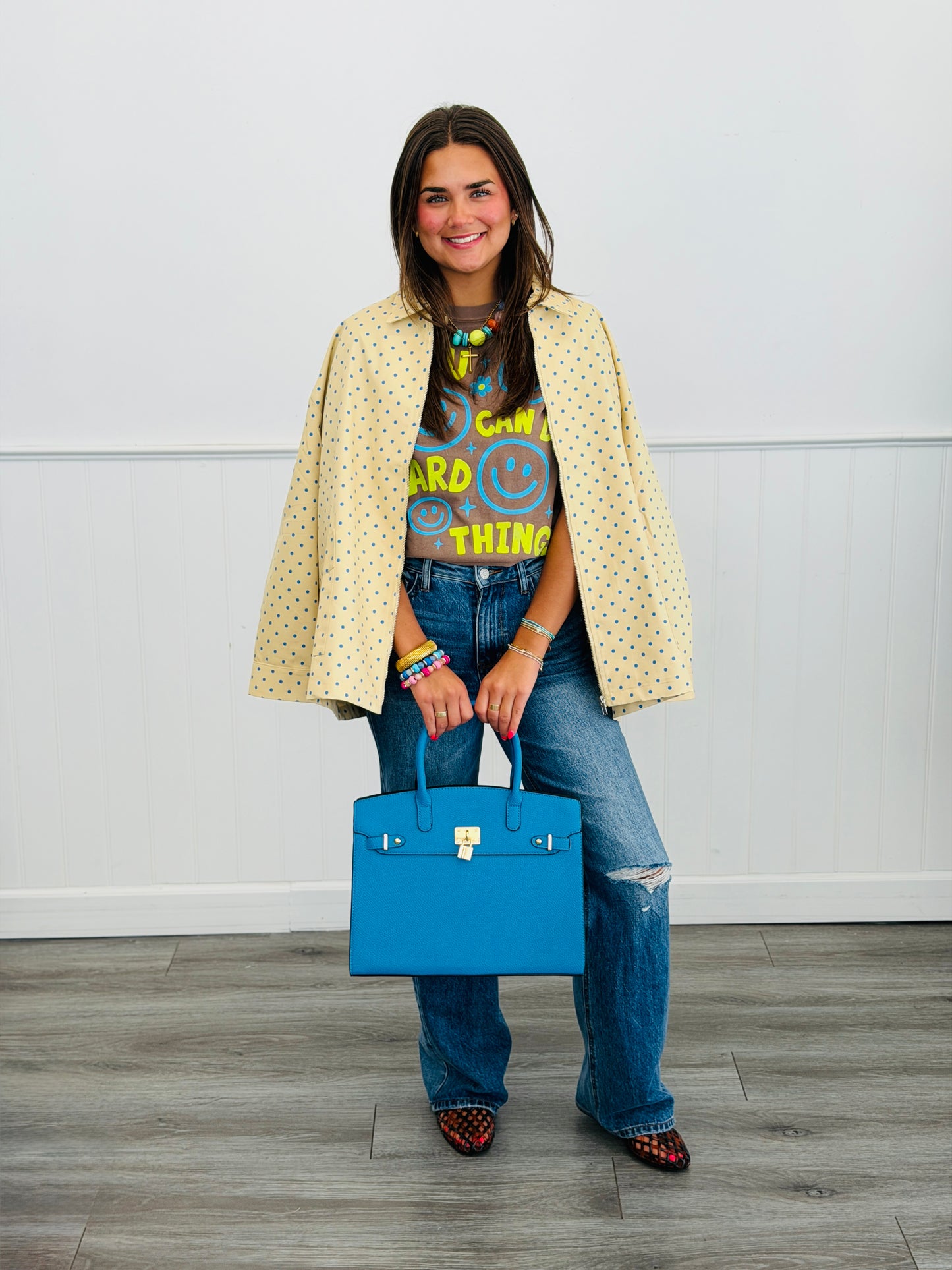 Beige/Blue Polka Dot Zip Up Shacket (Reg & Plus)