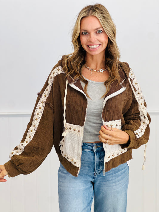 POL Chocolate Double Gauze Studded Hoodie Shacket (Reg.)