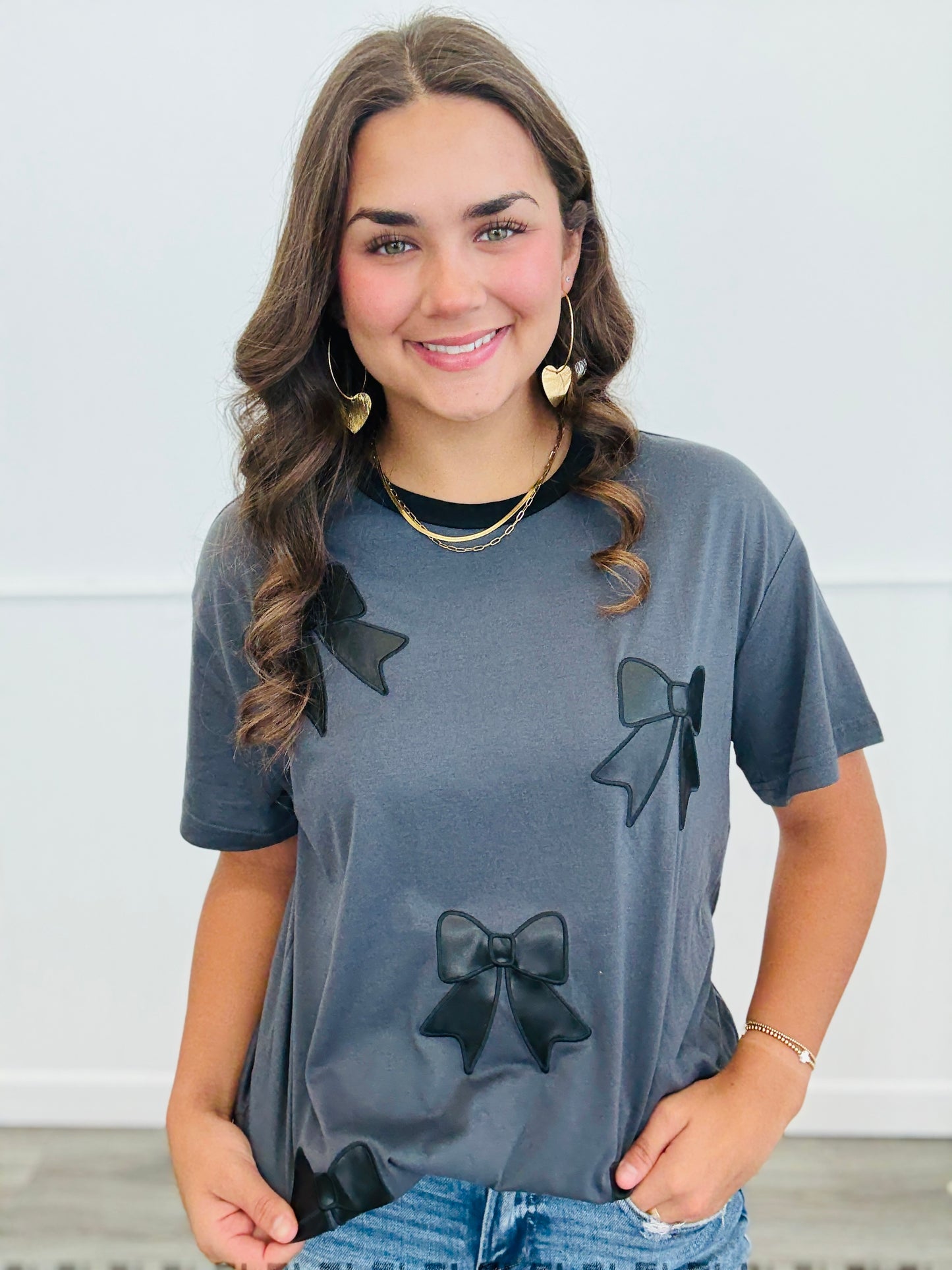 Faux Leather Bow Oversized Tee (Reg. and Plus)