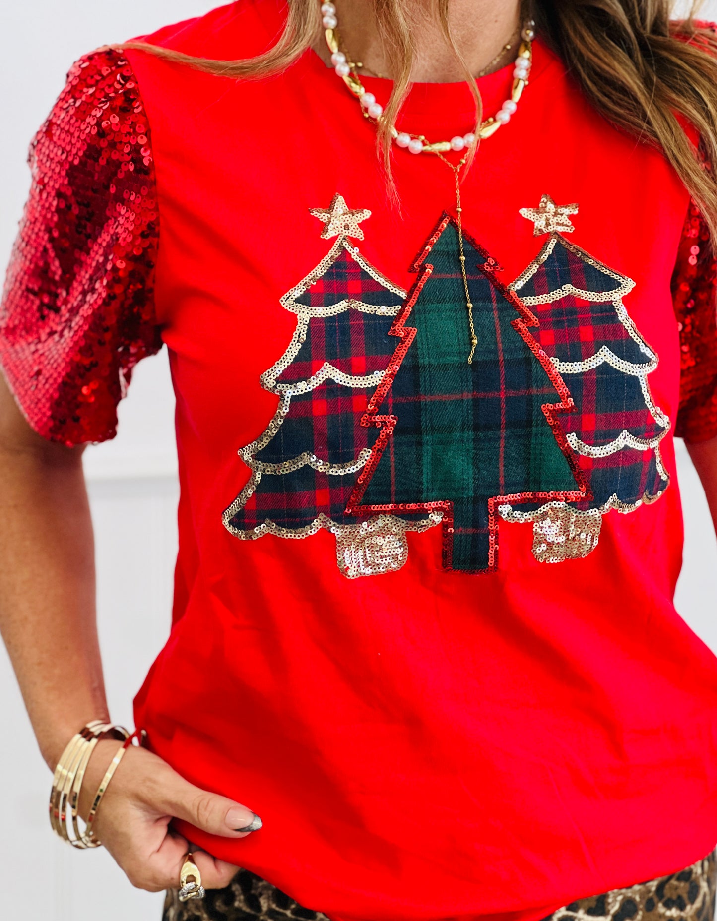 Red Festive Forest Sequin Sleeve Top (Reg. and Plus)