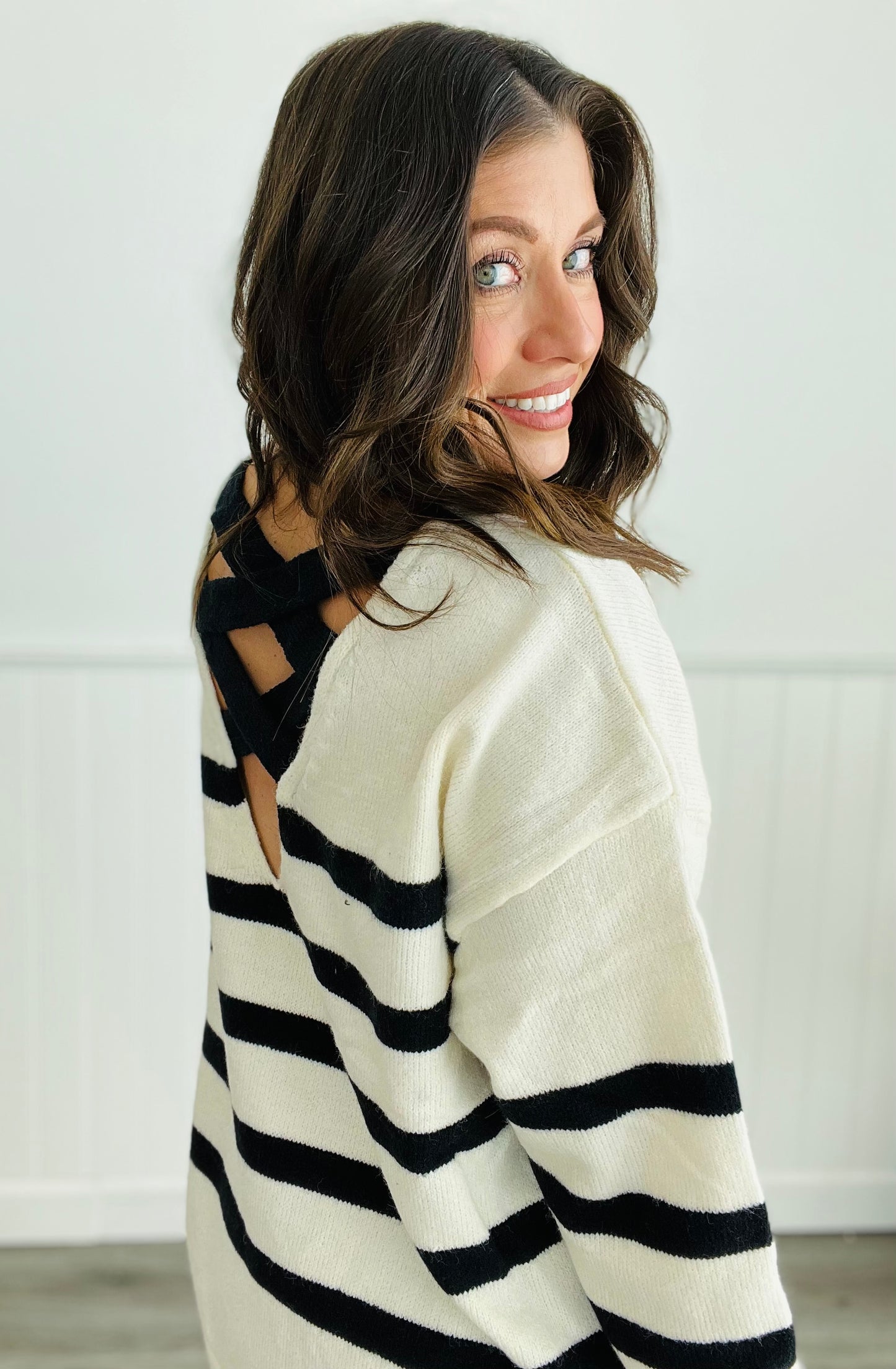 Striped Open Back Strap Sweater Top (Reg)