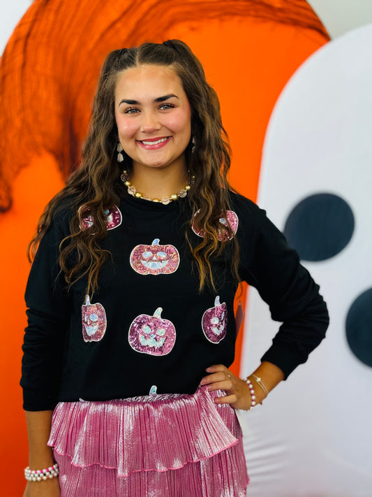 Sequin Jack-O-Lantern Long Sleeve Top (Reg. and Plus)