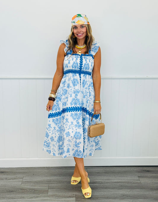 Blue Multi Ruffled Neck Midi Dress (Reg & Plus)