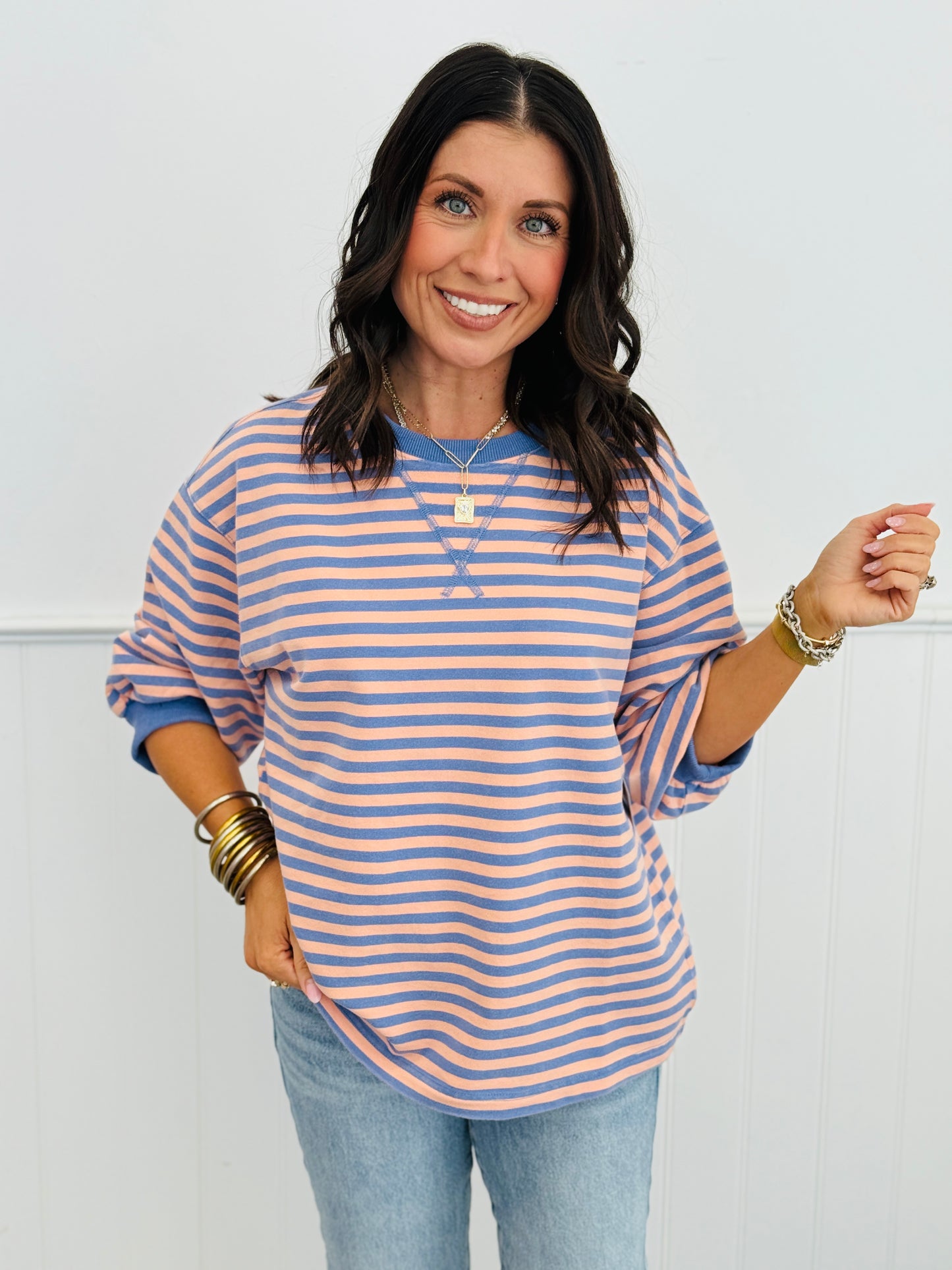 Striped Cross V Stitch Pullover Top (Reg.)-3 Colors