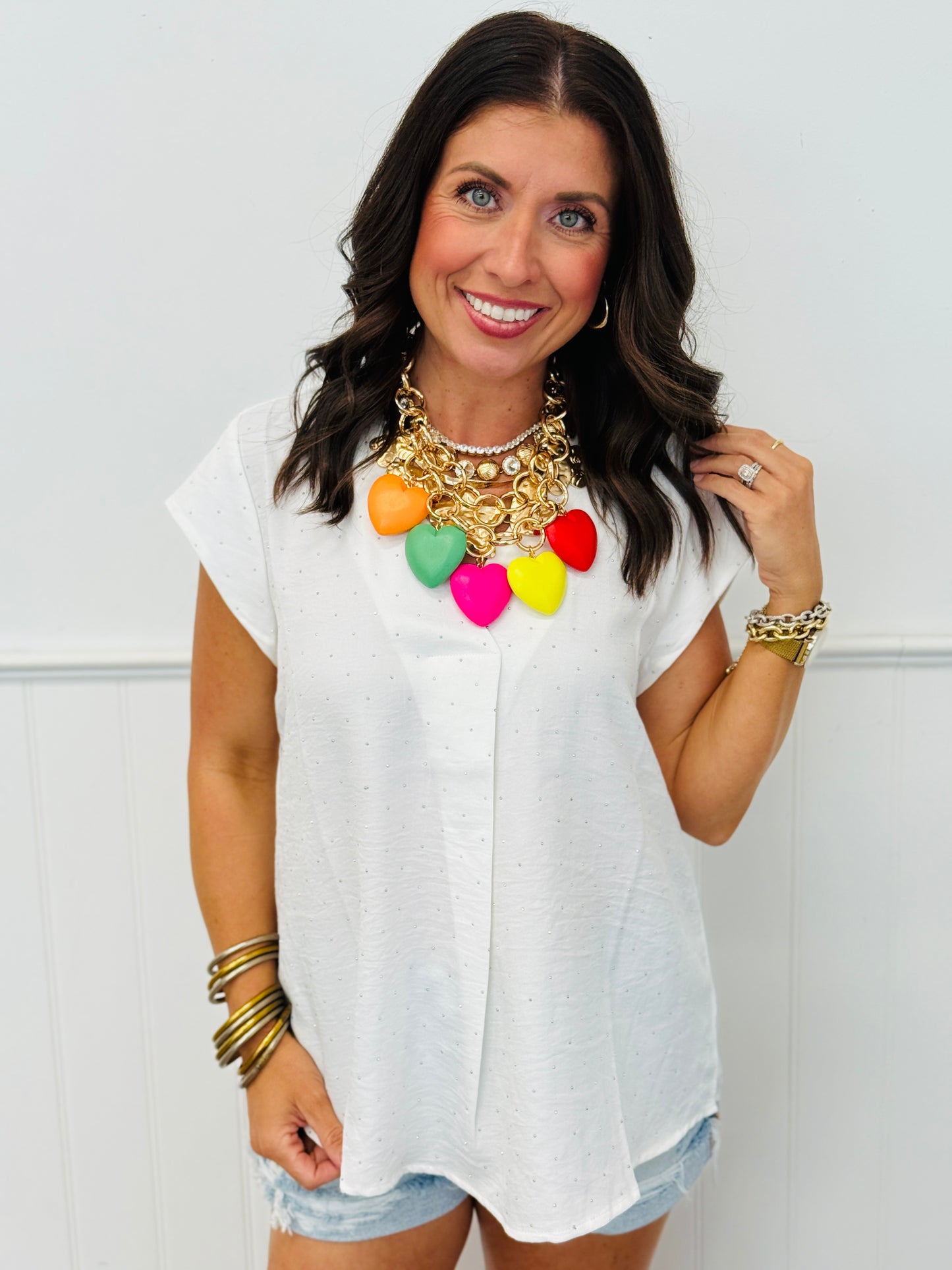 White Rhinestone V-Neck Cap Sleeve Blouse (Reg. & Plus)