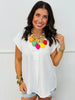 White Rhinestone V-Neck Cap Sleeve Blouse (Reg. & Plus)