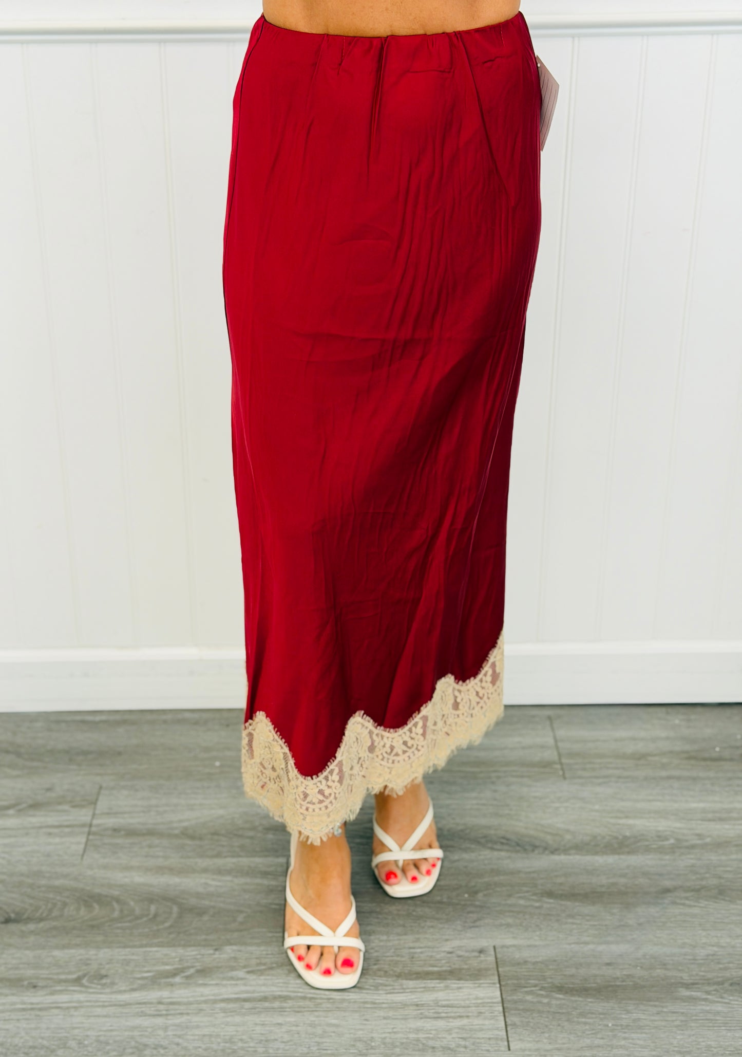 Dk Red Lace Trim Midi Skirt (Reg and Plus)
