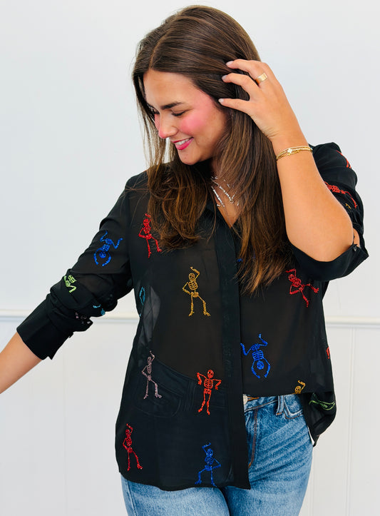 Queen Of Sparkles Black Rhinestone Skeleton Sheer Button Up Top (Reg. and Plus)