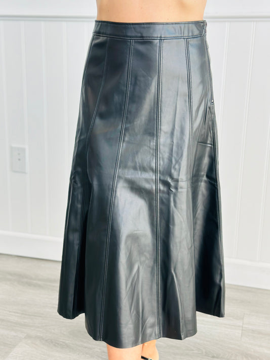 Black Faux Leather Flare Midi Skirt (Reg. and Plus)