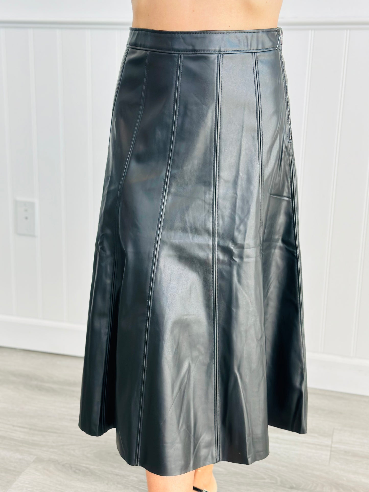 Black Faux Leather Flare Midi Skirt (Reg. and Plus)