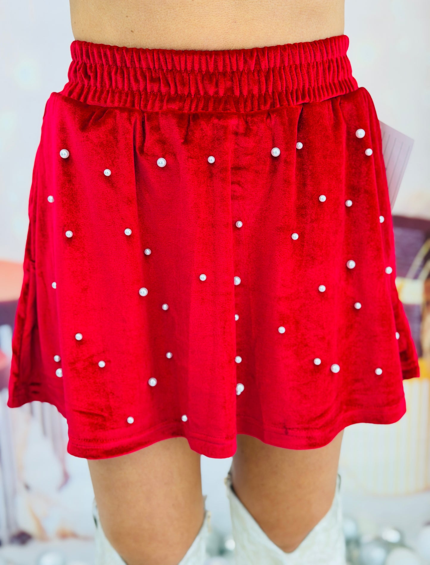 Red Pearl Detail Velvet Skort (Reg. and Plus)