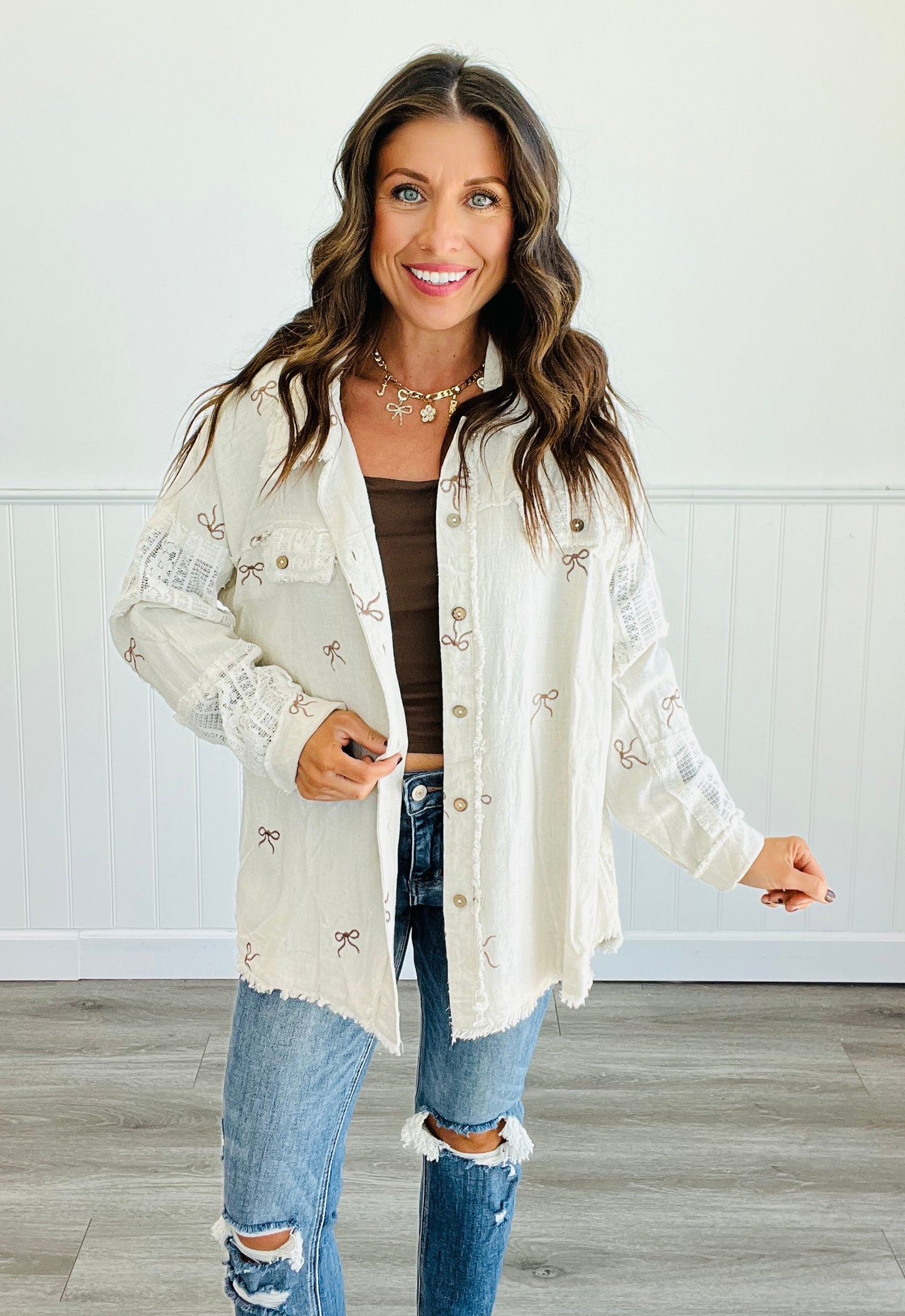 Oatmeal Bows Button Down Shacket (Reg. and Plus)