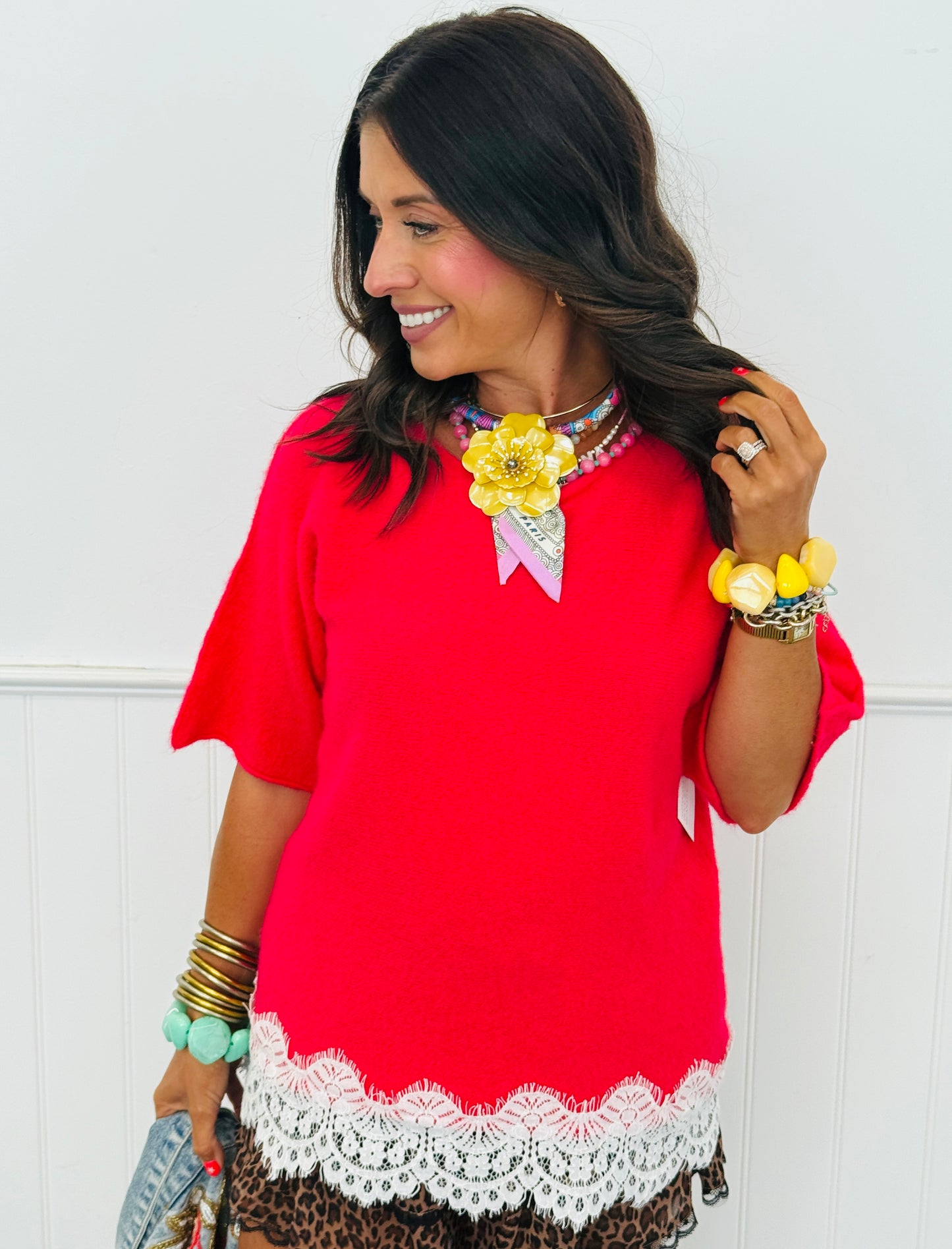 Hot Pink Lace Hem Fuzzy Sweater Top (One Size)