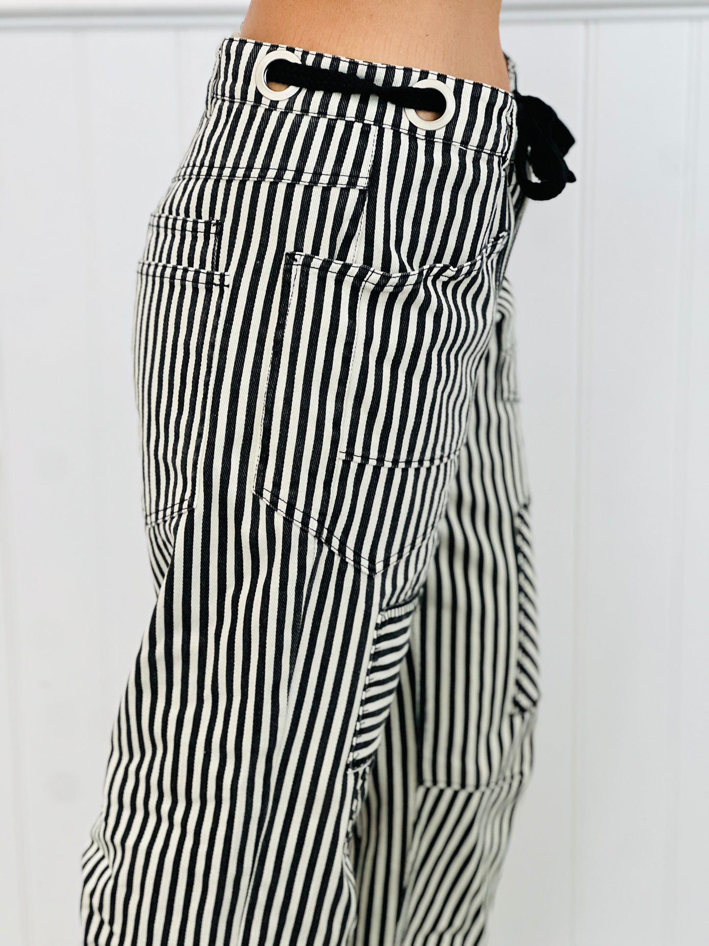 Black Striped Twill Barrel Pants (Reg & Plus)