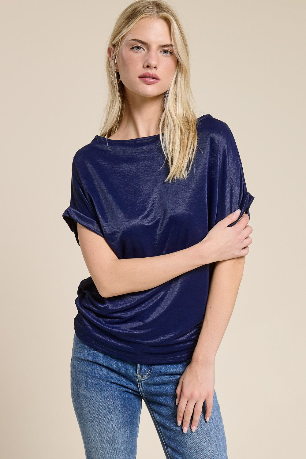 Navy Cuffed Dolman Sleeve Top (Reg.)