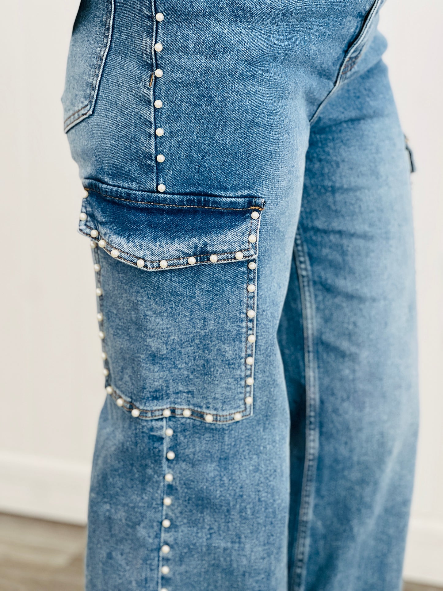 Medium Denim Pearl Studded Wide Leg Cargo Jeans (Reg.)