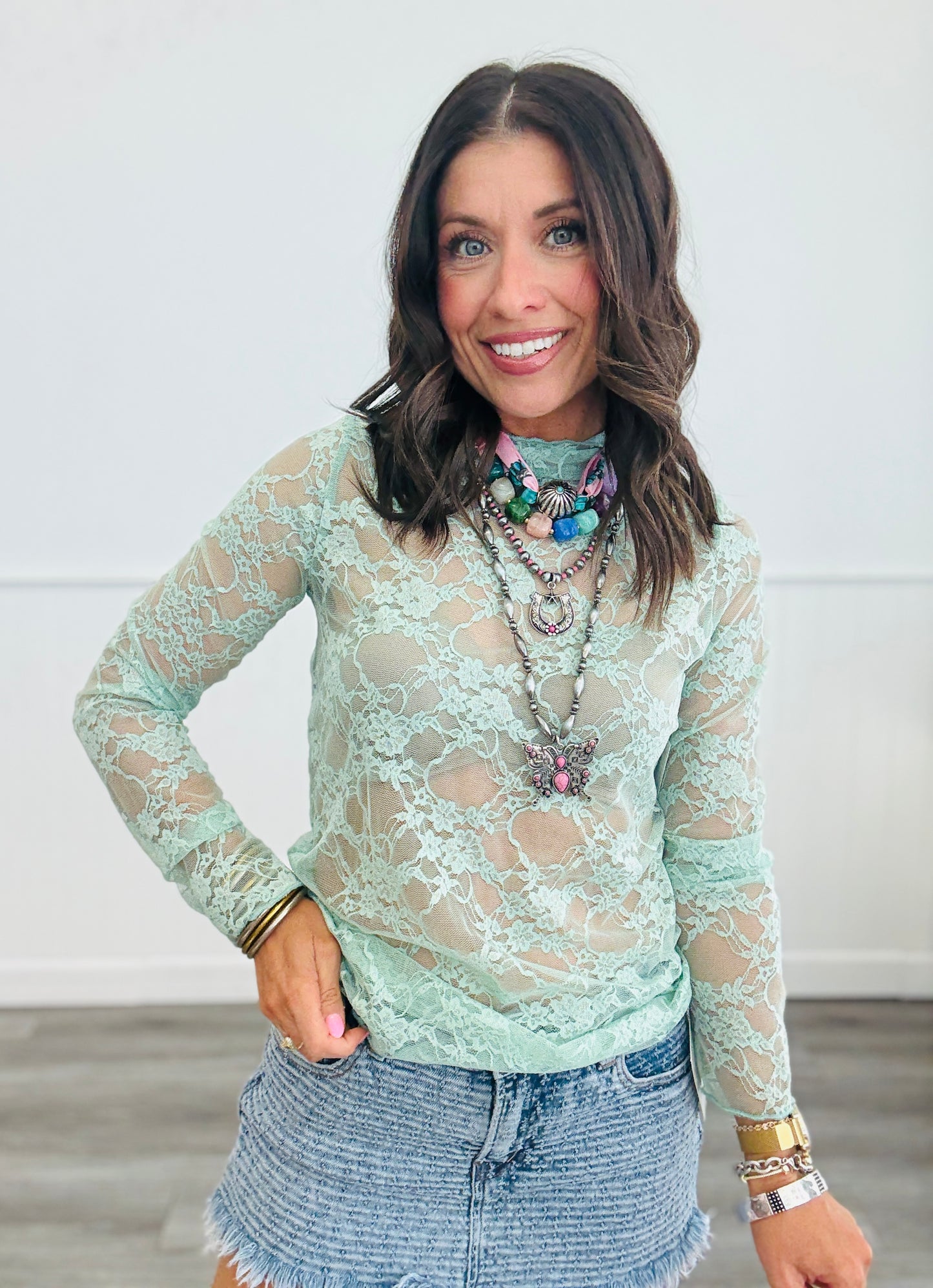 Mint Mesh Floral Print Lace Top (Reg. and Plus)