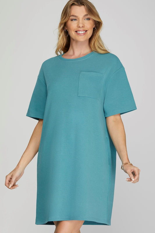 Dusty Teal Ribbed Shirt Mini Dress (Reg. and Plus)