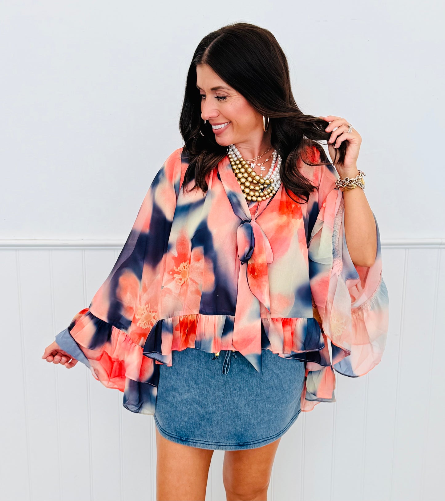 Navy Multi Abstract Watercolor Blouse (Reg. and Plus)