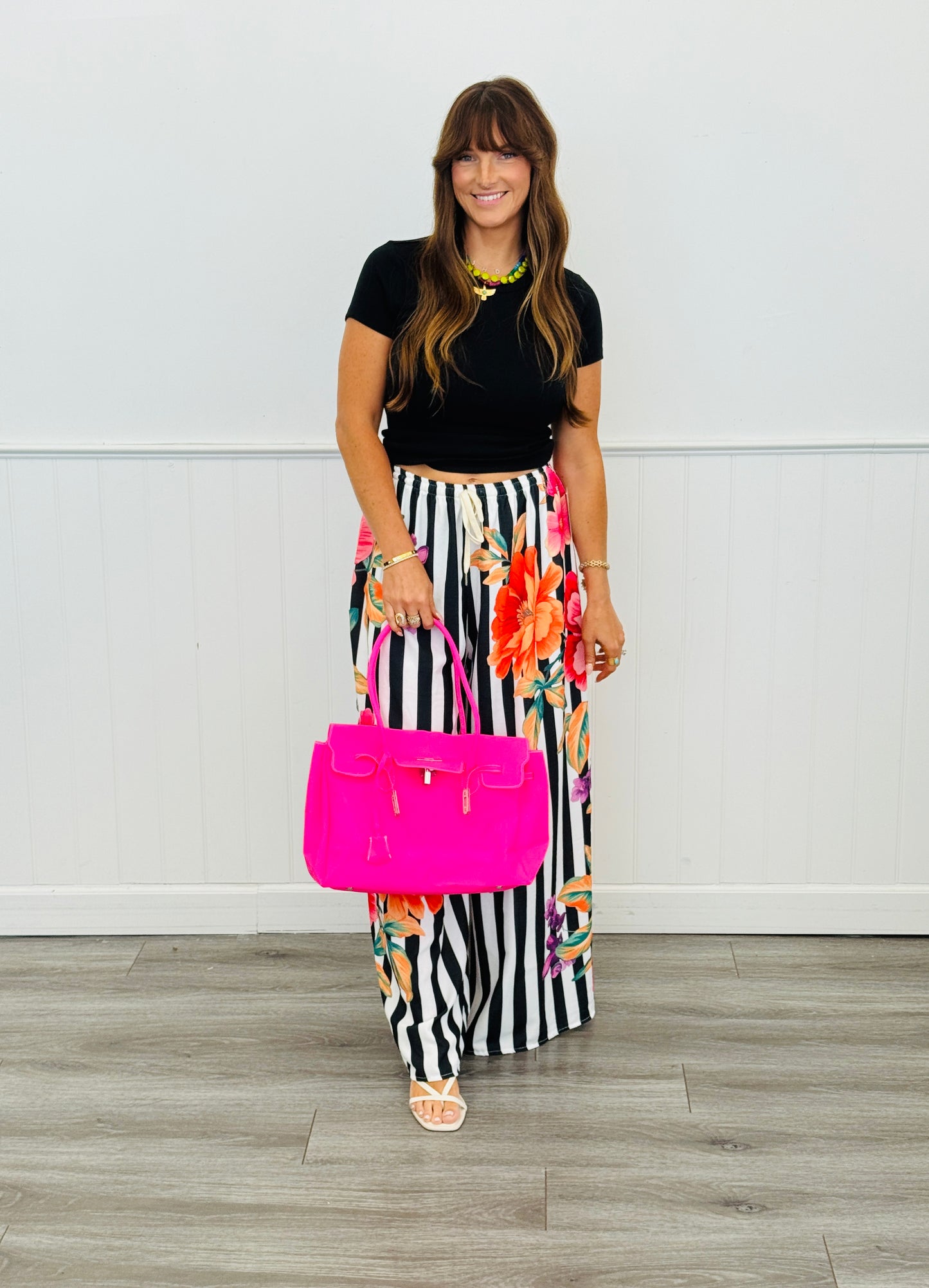 Black Striped Floral Palazzo Pants (One Size)