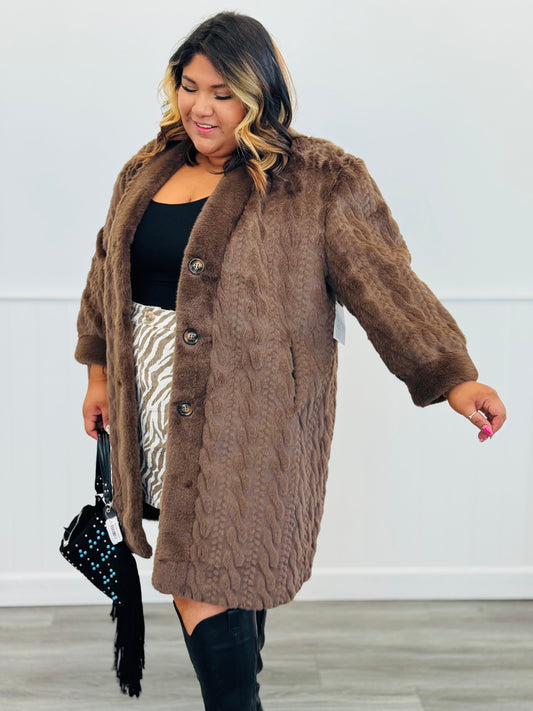 Brown Fuzzy Fur Patterned Longline Coat (Reg & Plus)