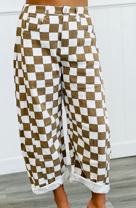 Mocha Checkered Print Denim Barrel Pants (Reg & Plus)