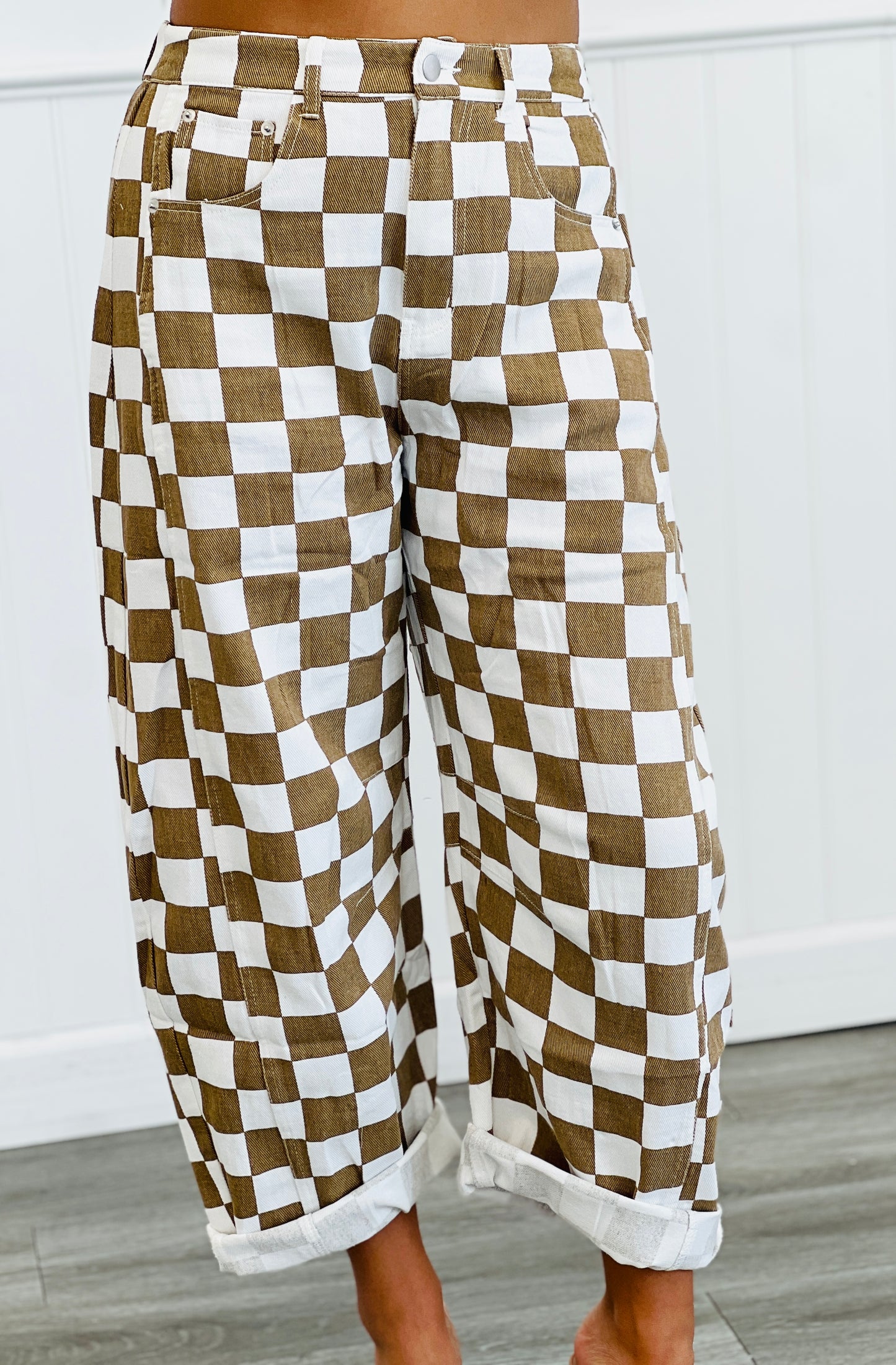 Mocha Checkered Print Denim Barrel Pants (Reg & Plus)