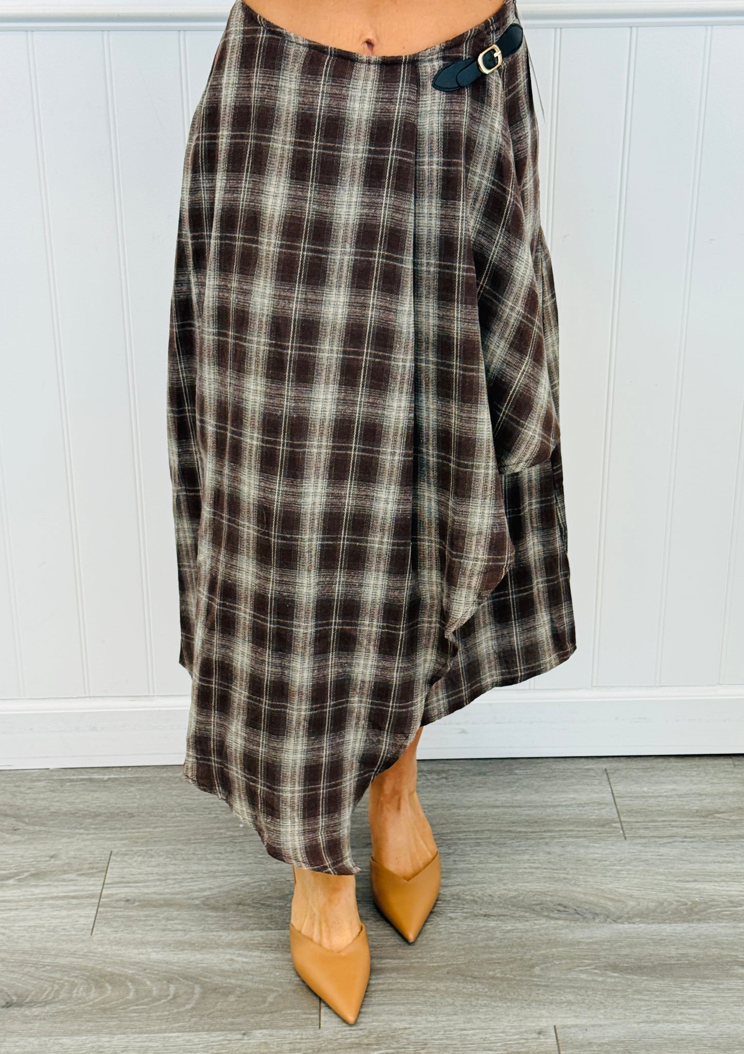 Dark Walnut Combo Plaid Wrap Midi Skirt (Reg & Plus)
