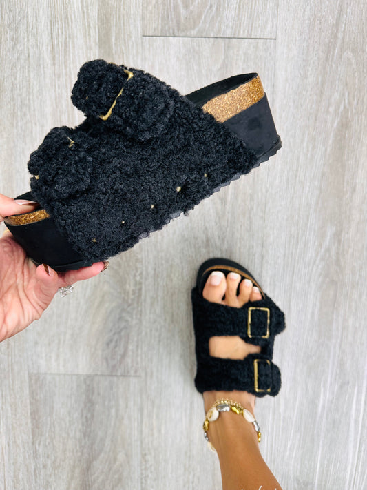 Black Comfort Cutie Sherpa Platform Sandals