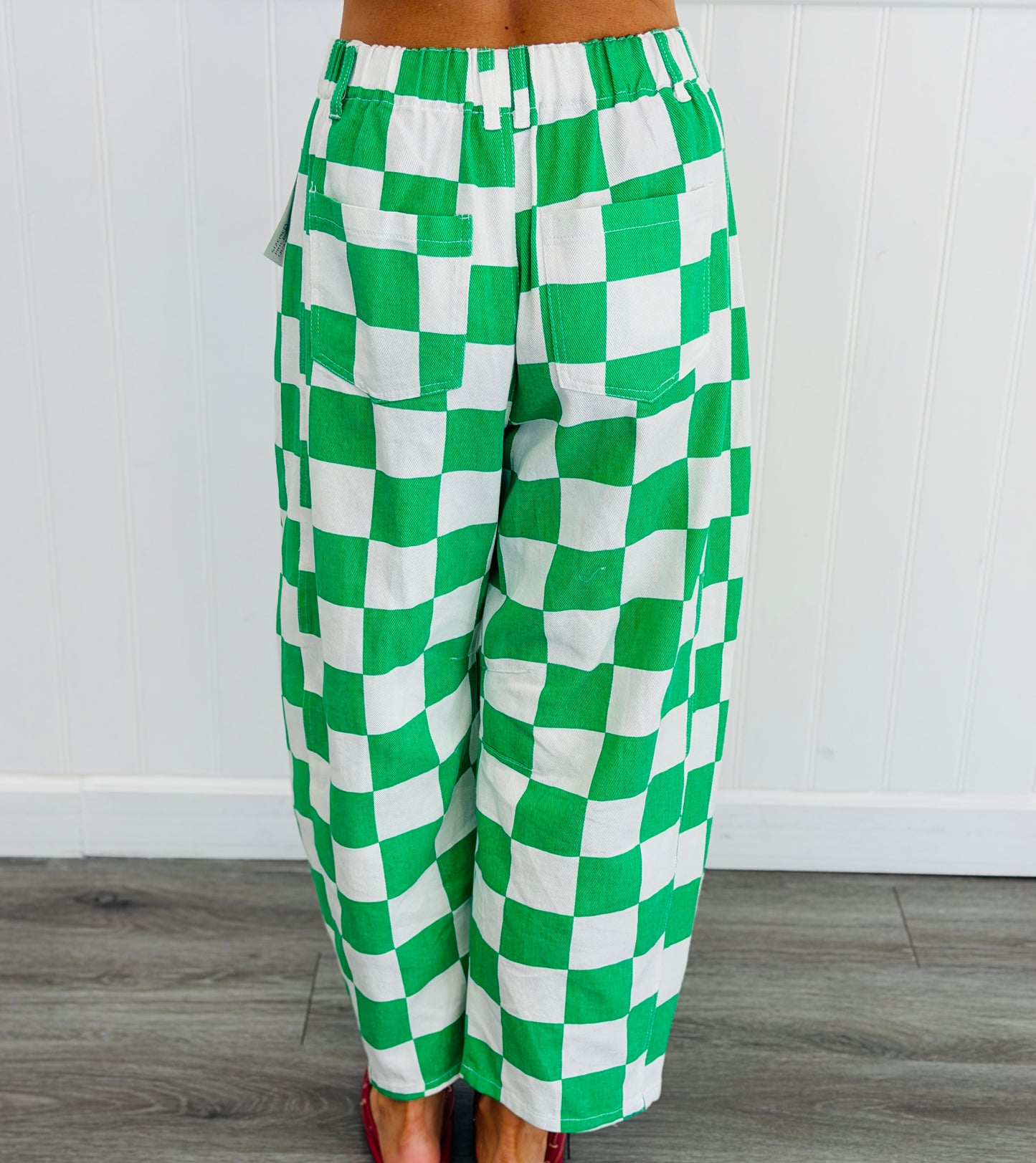 Kelly Green Checkered Print Barrel Pants (Reg. and Plus)