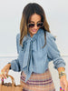 Tie Neck Denim Button Up Blouse (Reg. & Plus)